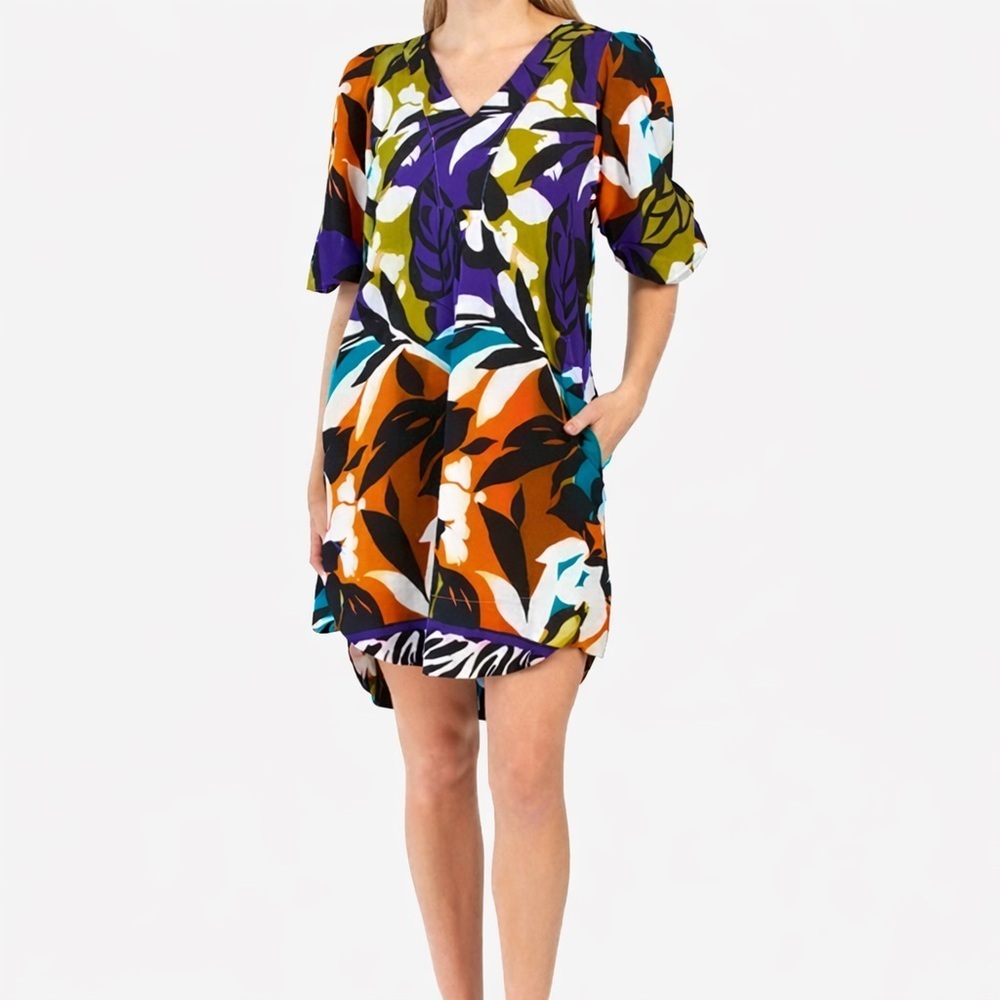 Cynthia Rowley Bohemian Colorful Short Puff Sleeve V-Neck Knee Length Dress Sz M